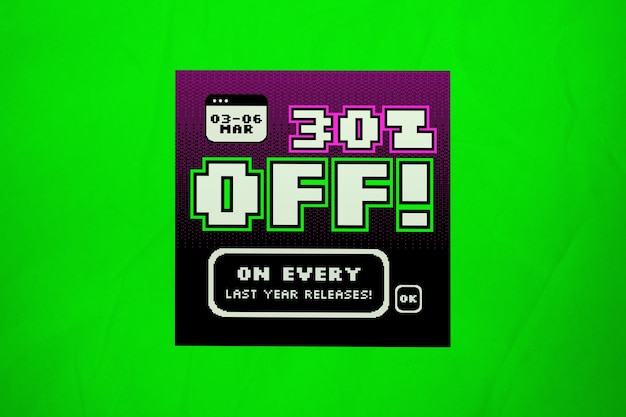 Banner de descuento de videojuegos con píxeles verdes
