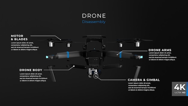 PSD banner de desmontaje de drones con fondo oscuro