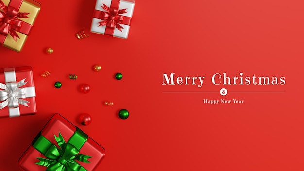 Banner di buon Natale con regali di Natale e ornamenti a sfera