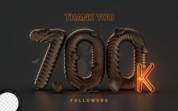 PSD banner di celebrazione di 700k follower su sfondo scuro con illuminazione al neon concetto di rendering 3d
