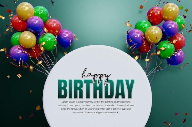 banner di celebrazione di buon compleanno con palloncino colorato e casella di testo o post sui social media di compleanno