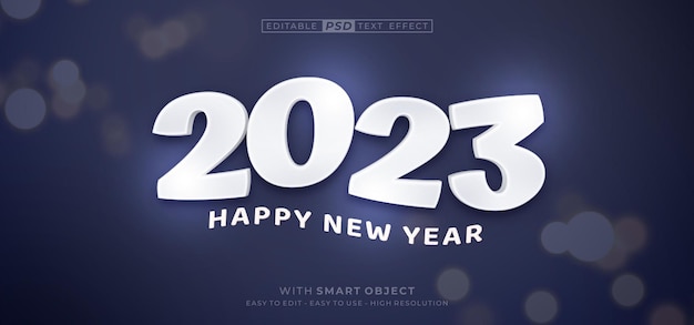 Banner di felice anno nuovo 2023 su scritte di colore bianco con effetto stile testo 3d