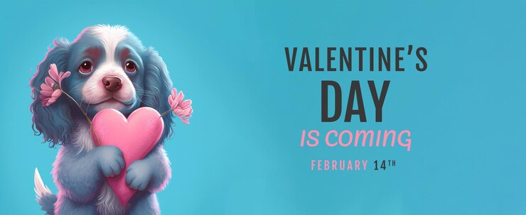 PSD banner di felice giorno di san valentino, mockup di sfondo romantico vacanza con cuori d'amore decorativi e cane