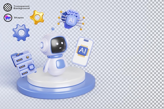 Banner di intelligenza artificiale 3D concetto tecnologico di innovazione personaggio robot carino sul podio della piattaforma con server di dati di telefono cellulare cervello umano con chip AI icona ingranaggi render