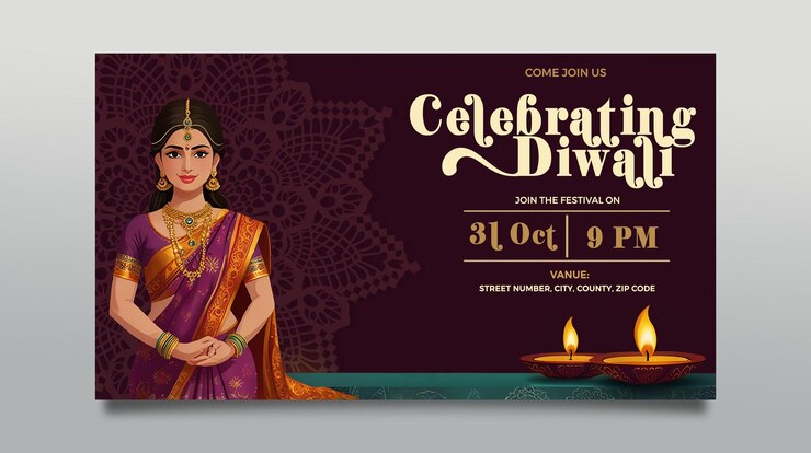 Banner di invito al festival di Diwali per la celebrazione con modelli di candele