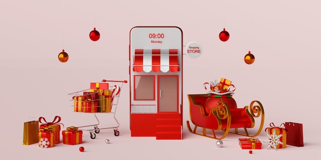 Banner di Natale dello shopping natalizio online sul concetto di smartphone, illustrazione 3d