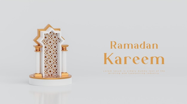 Banner di saluti islamici del podio del Ramadan kareem per il rendering 3d di sfondo oro bianco dei social media