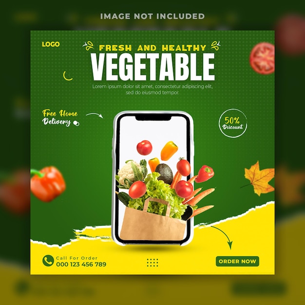 banner di social media con consegna a domicilio gratuita di verdure