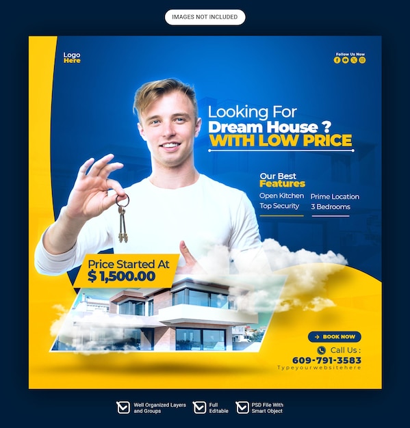 Banner di social media o modello di post su Instagram per proprietà immobiliare