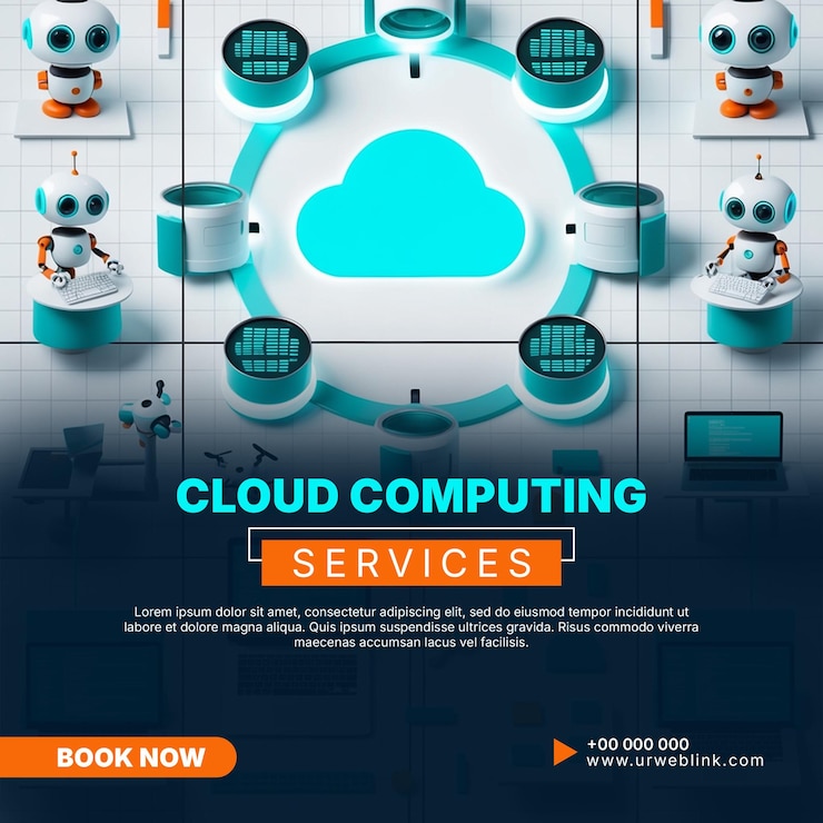 PSD banner di social media per il concetto di cloud computing 3d con robot e dispositivi