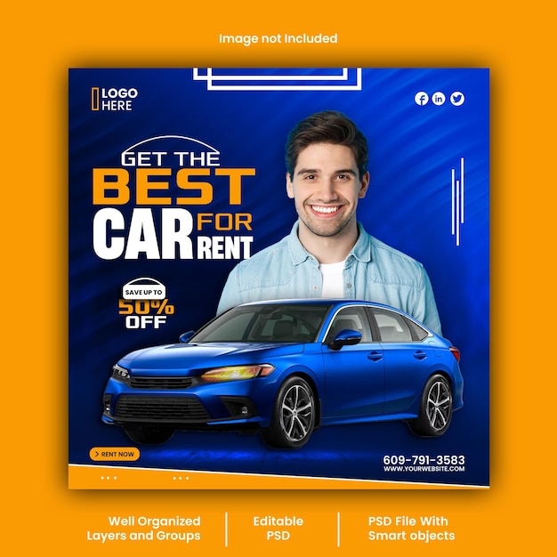 Banner di social media per noleggio auto e automobili o modello di post su Instagram PSD