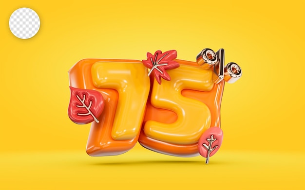 Banner di vendita autunnale Numero di sconto del 75 percento con foglia d'acero su sfondo giallo rendering 3d