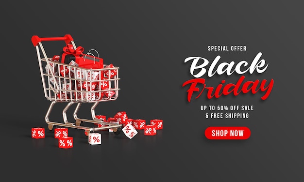 Banner di vendita del black friday con grafico dello shopping e rendering 3d percentuale di sconto