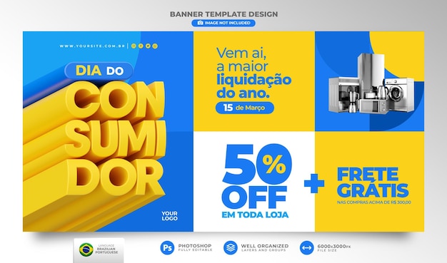 Banner día del consumidor render 3d en portugués para campaña de marketing en brasil de ofertas