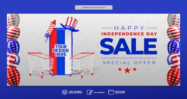 Banner dia da independência americana em design de modelo de celebração de renderização 3d