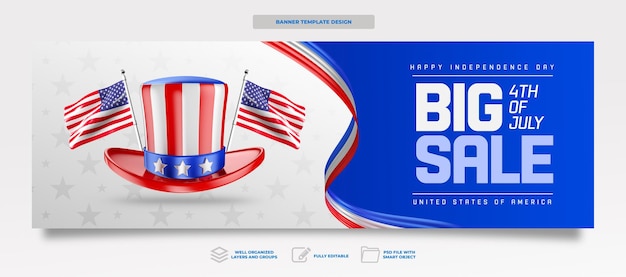 PSD banner dia da independência americana em design de modelo de celebração de renderização 3d