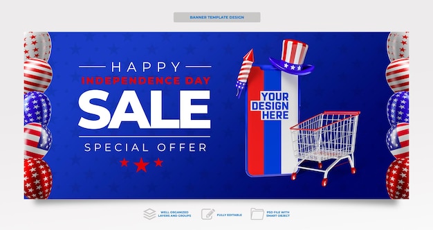 Banner dia da independência americana em design de modelo de celebração de renderização 3d