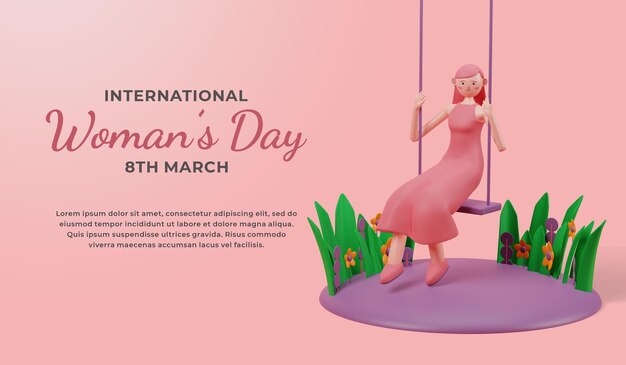 Banner del día internacional de la mujer mujer sentada en la cuna ilustración 3d