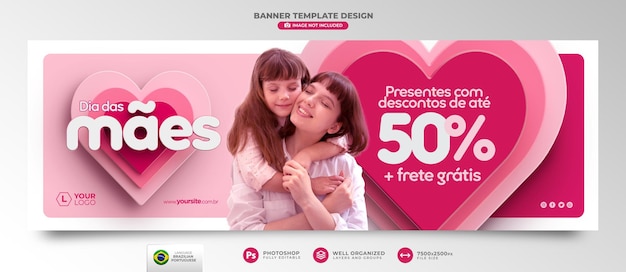 PSD banner del día de la madre en presentación 3d para campaña de marketing en portugués brasileño