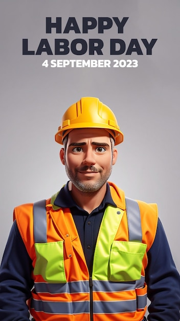 Banner del día del trabajo con ilustración 3d del trabajador de la construcción