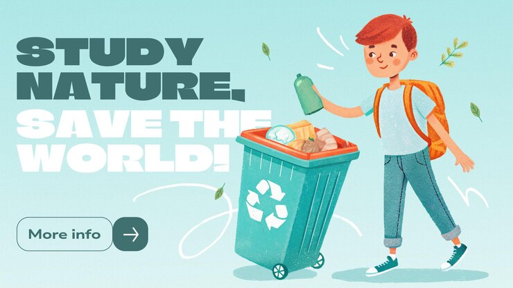 Banner digitale a modello orizzontale su un tema ecologico con un'illustrazione disegnata a mano di uno studente che ricicla la spazzatura