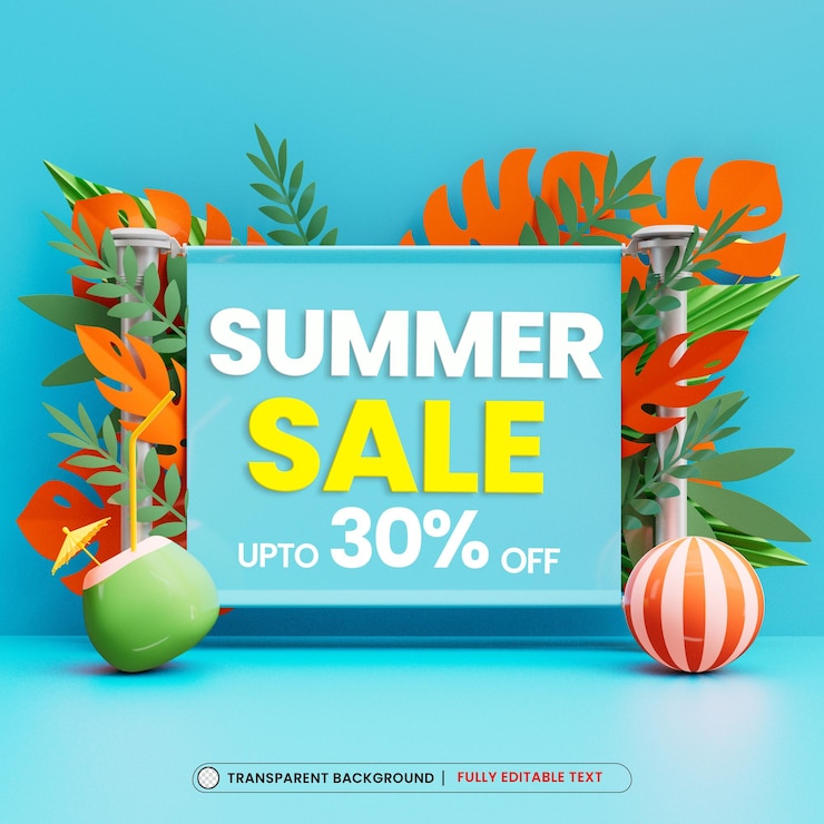 PSD banner de diseño de rebajas de verano con pelota de playa y hojas tropicales