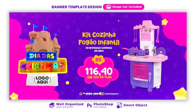 Banner do dia das crianças em renderização 3d para campanha de marketing no brasil em português