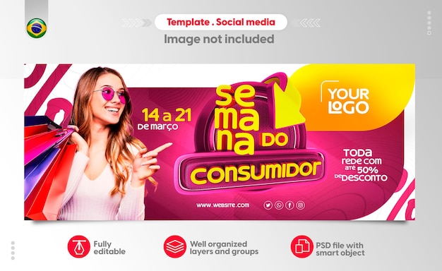 PSD banner do dia do consumidor 3d render em português para campanha de marketing no brasil de ofertas psd