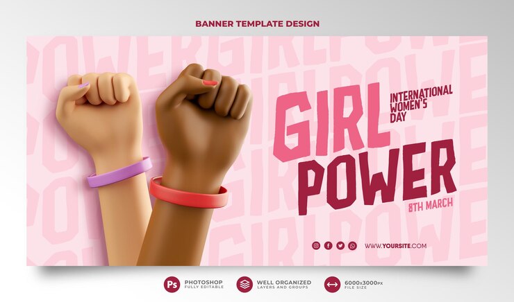 PSD banner do dia internacional da mulher 3d renderização de mãos cartoon 8 de março feminismo de poder feminino