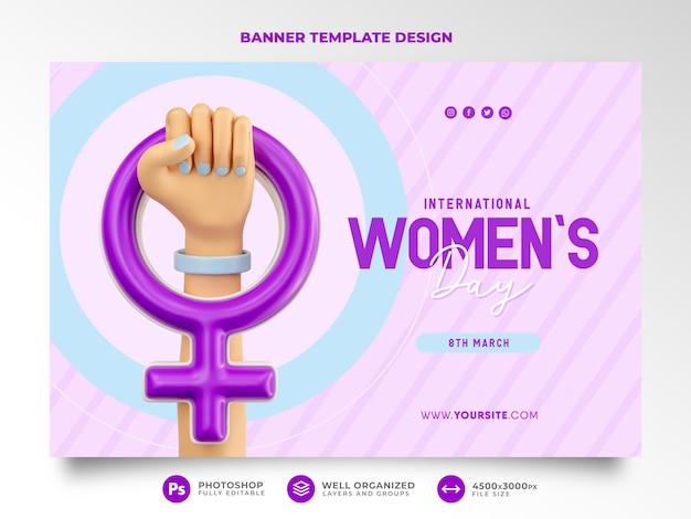 Banner do dia internacional da mulher 3d renderização de mãos cartoon 8 de março