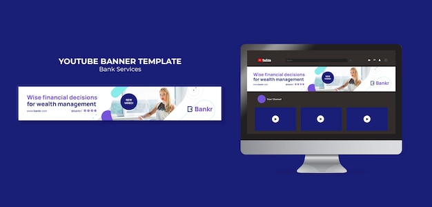 PSD banner do youtube de serviços bancários de design plano