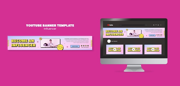 Banner do youtube de trabalho de influenciador desenhado à mão