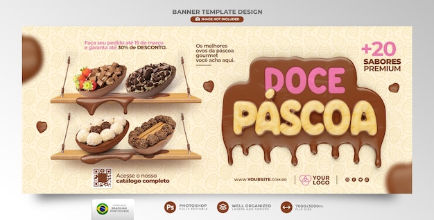 Banner doce páscoa design de modelo de renderização 3d em português