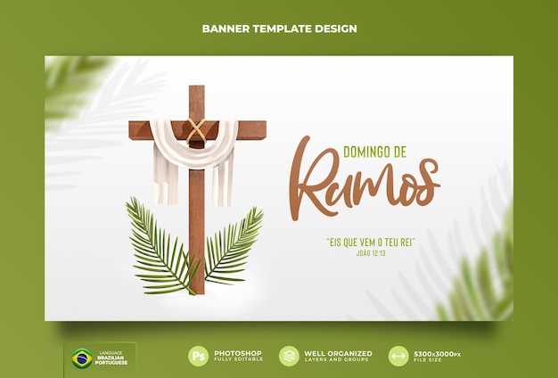 Banner domenica delle palme in portoghese rendering 3d buona pasqua