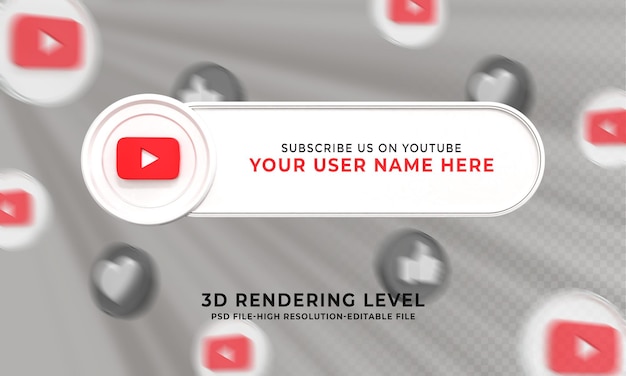 Banner dos terços inferiores com renderização em 3d do nome de usuário do youtube