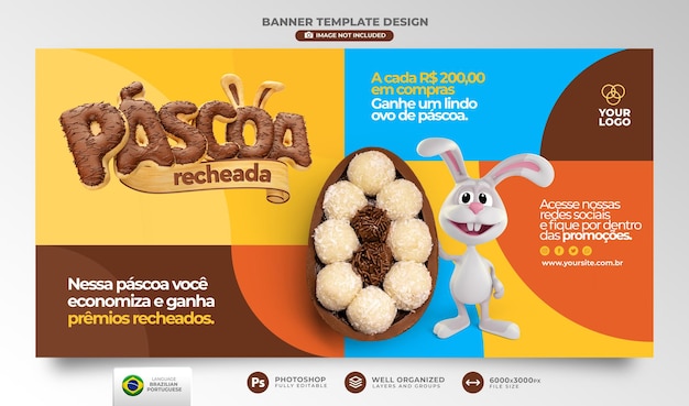 PSD banner easter relleno en portugués 3d render para campaña de oferta en brasil