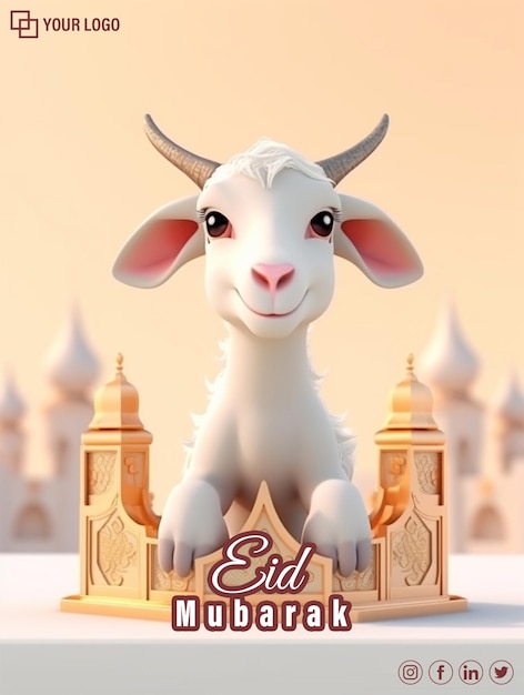 Banner Eid Mubarak con cartone animato di capra reso in 3D