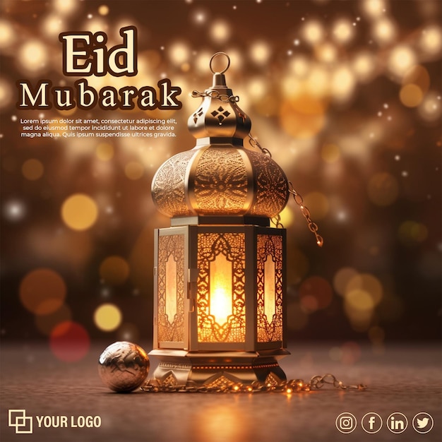 Banner de Eid Mubarak con linterna islámica renderizada en 3D