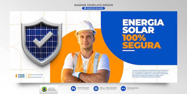 Banner de energía solar en portugués 3d renderizado para campaña de marketing en brasil