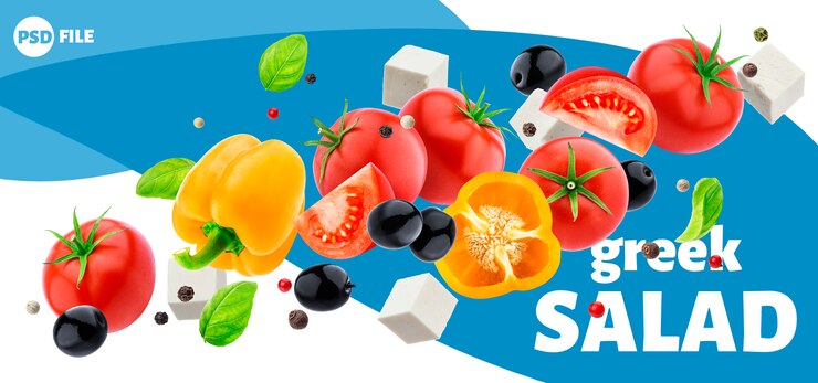 PSD banner de ensalada griega cayendo