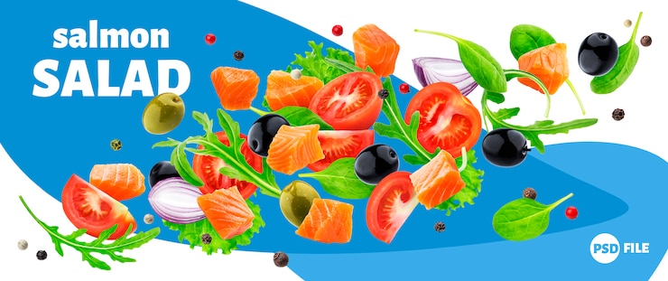 PSD banner de ensalada de salmón volador