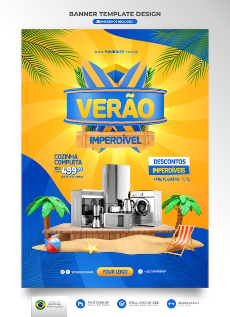 Banner estate di offerte in Brasile modello di rendering 3d per la campagna di marketing in portoghese