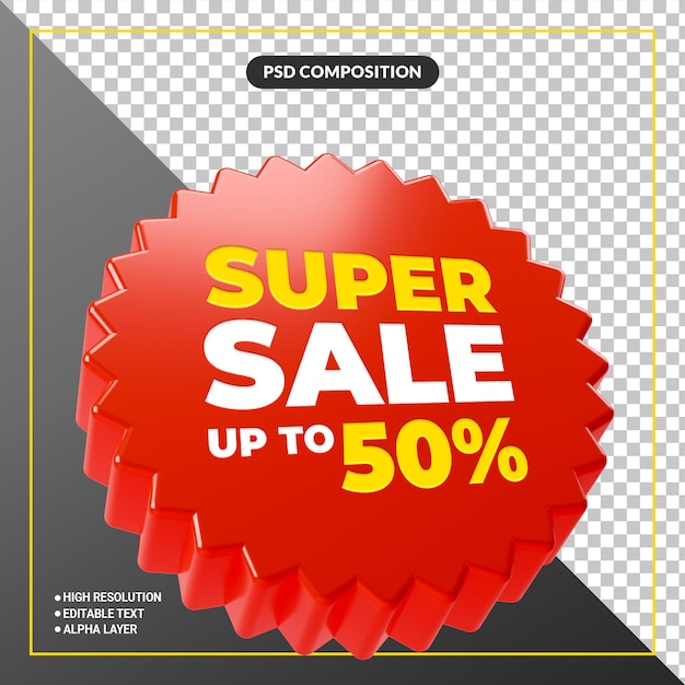 PSD banner de etiqueta de promoción de super venta roja 3d