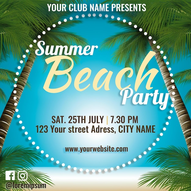 PSD banner de evento de volante de redes sociales de fiesta de verano en la playa
