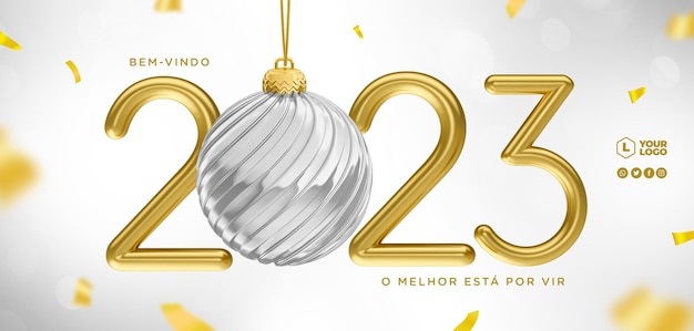 PSD banner feliz ano novo 2023 em modelo de render 3d português para campanha de marketing no brasil