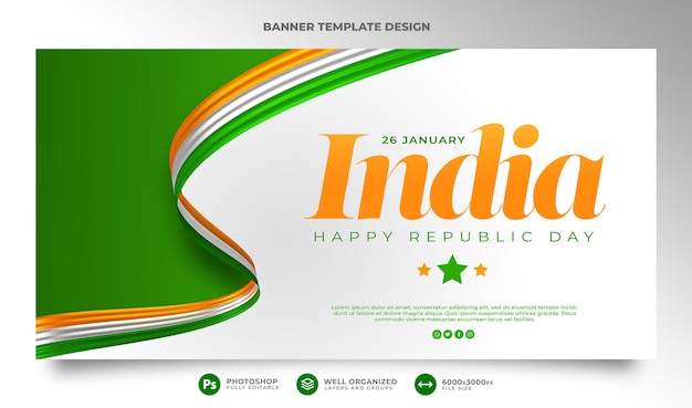 Banner feliz dia da república india modelo de design renderização em 3d