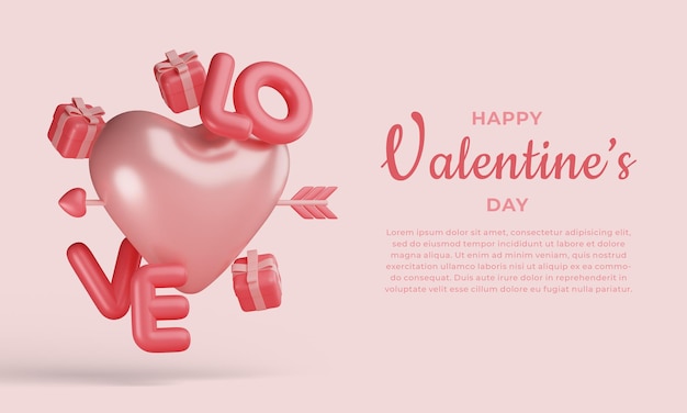 Banner de feliz día de San Valentín con flecha de corazón grande flotante y caja de regalo Representación 3d