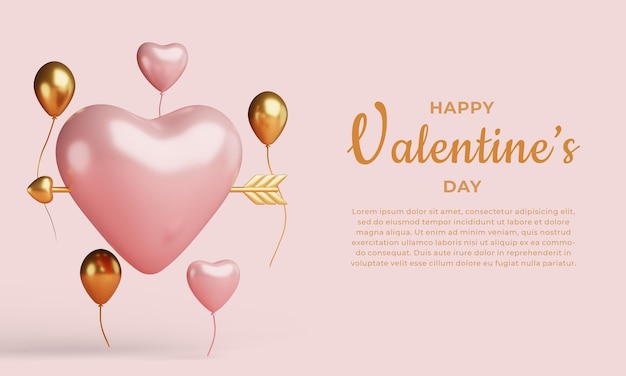 Banner de feliz día de san valentín con gran corazón flotante y globos renderizado 3d. versión gold