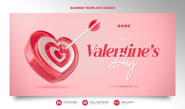 Banner de feliz día de san valentín en render 3d con destino y flecha en dibujos animados