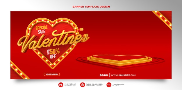 Banner de feliz día de san valentín en render 3d con podio y fondo rojo